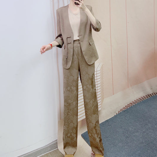 Dame Elegant blazer-buks-sæt med blomster mønster og dristige detaljer Stilla