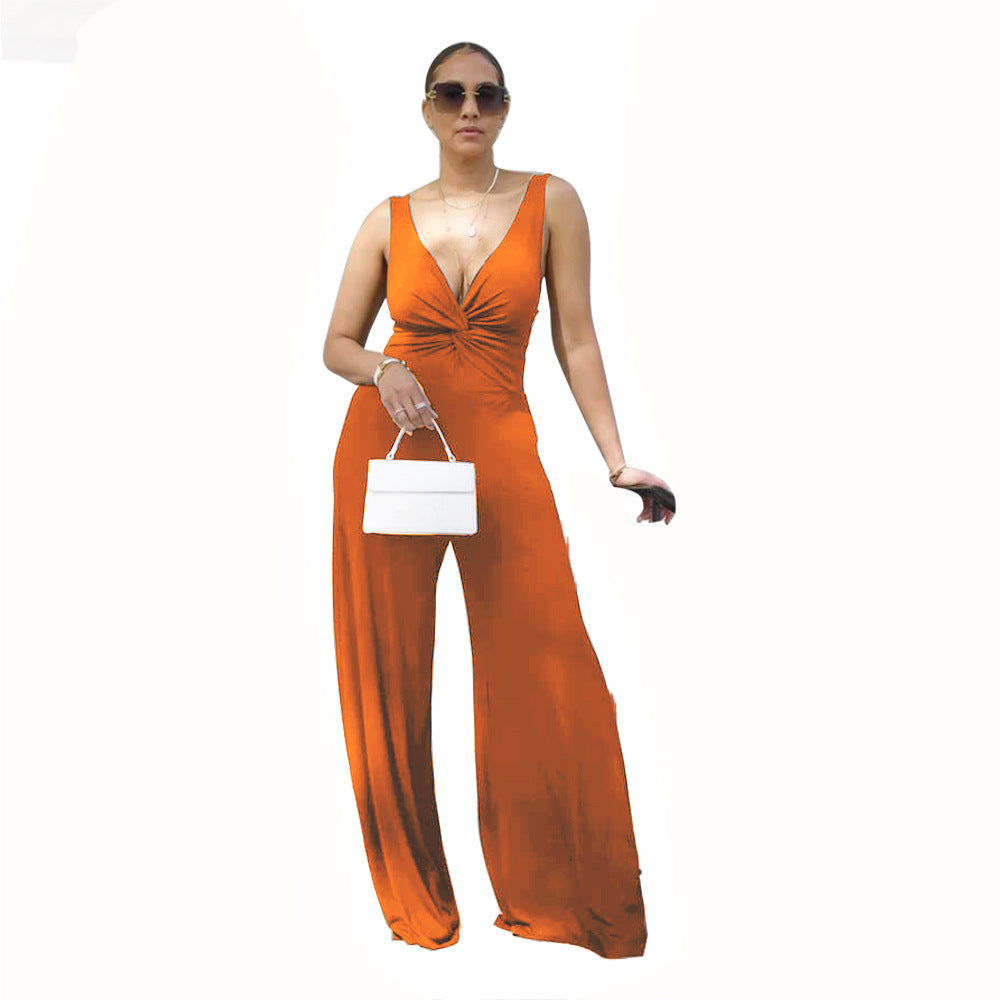 Dame elegant V-hals jumpsuit med bred ben og figursyet design Stilla