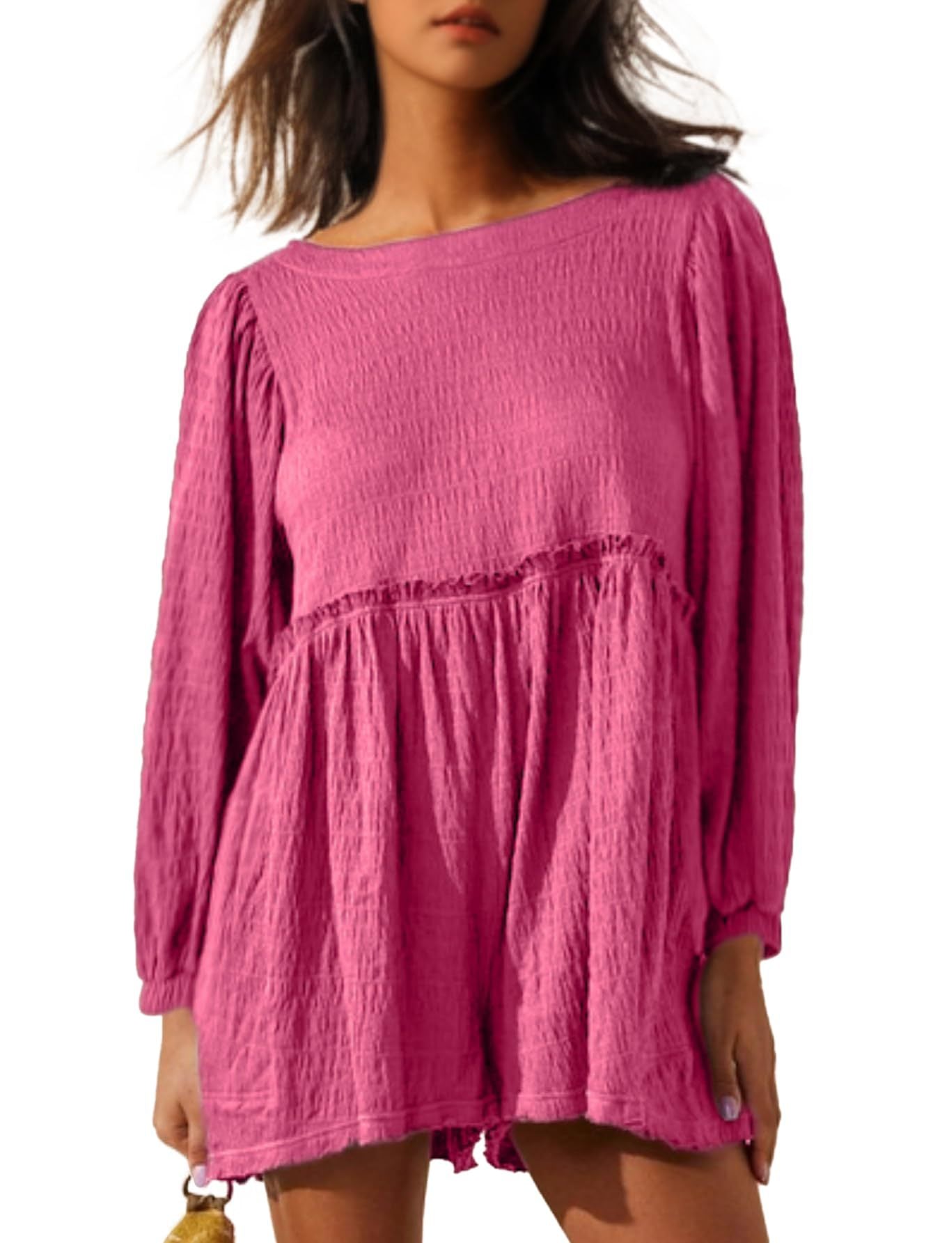 Dame afslappet skjortekjole med bredskårne ærmer og volanter Stilla