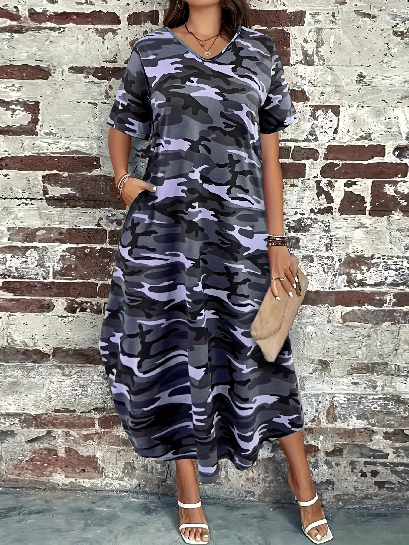 Dame afslappet maxikjole med camouflage-mønster Stilla