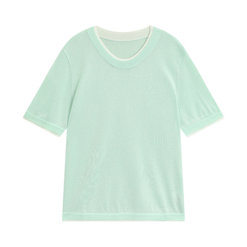 Dame afslappet netshirt med høj rund halsudskæring og korte ærmer Stilla