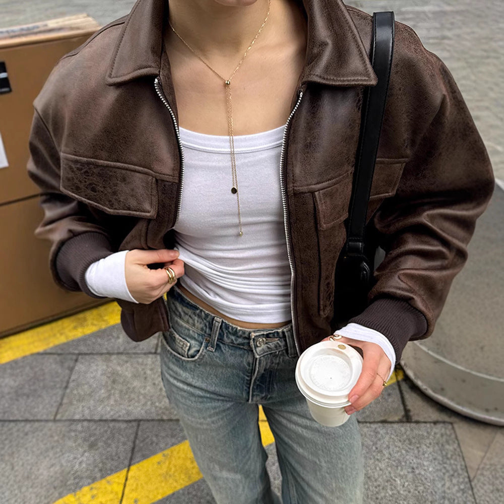 Dame cropped kunstlæderjakke med lommer Stilla