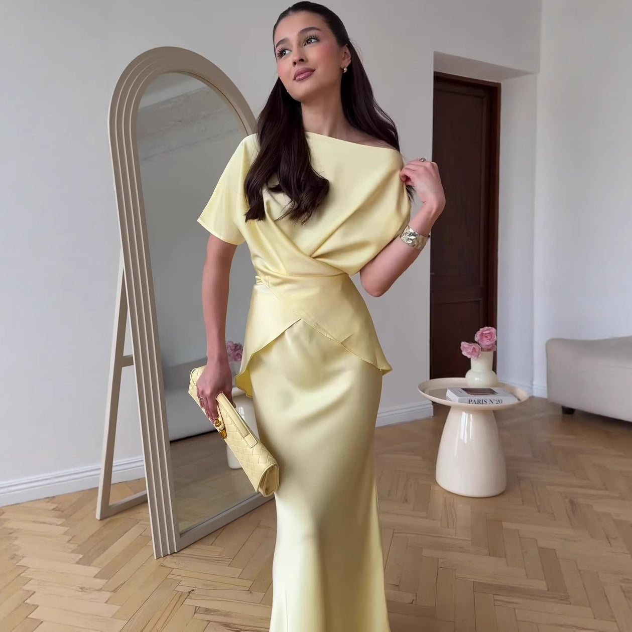 Dame Elegant Draperet Midi-Kjole Stilla