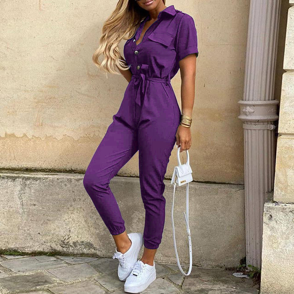 Dame Elegant Jumpsuit med justerbar taljebælte og lommer Stilla