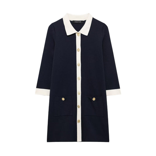 Dame Elegant Button-Up Skjorte Kjole med Kontrast Detalje Stilla