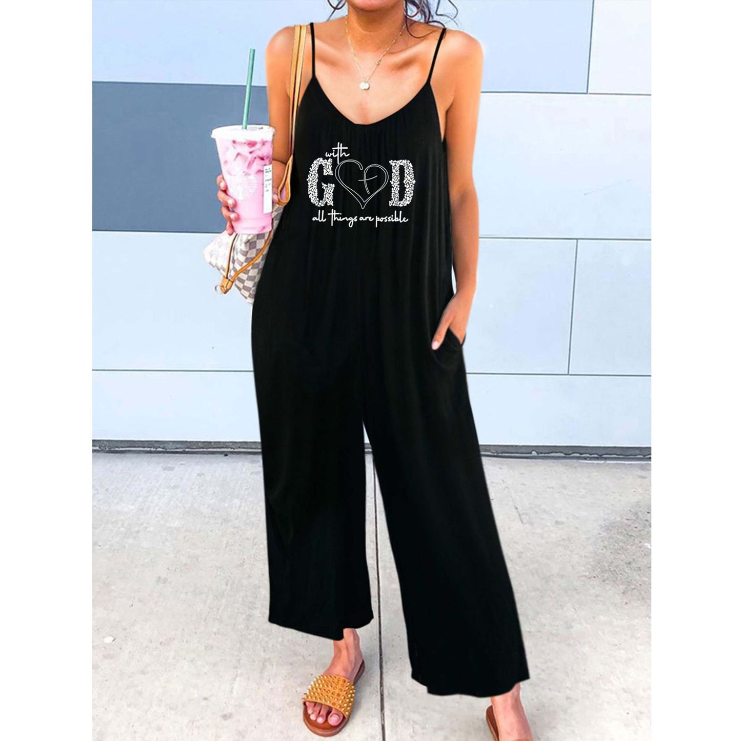 Dame jumpsuit med justerbare stropper og motiverende tryk Stilla