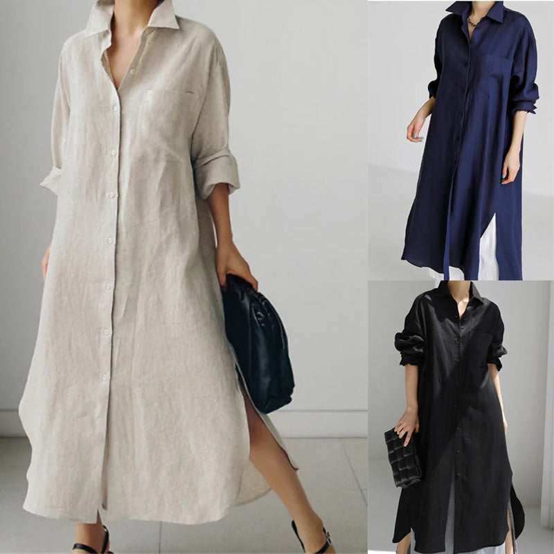 Dame Oversized Skjortekjole med side Slids og fin Linnedstruktur Stilla