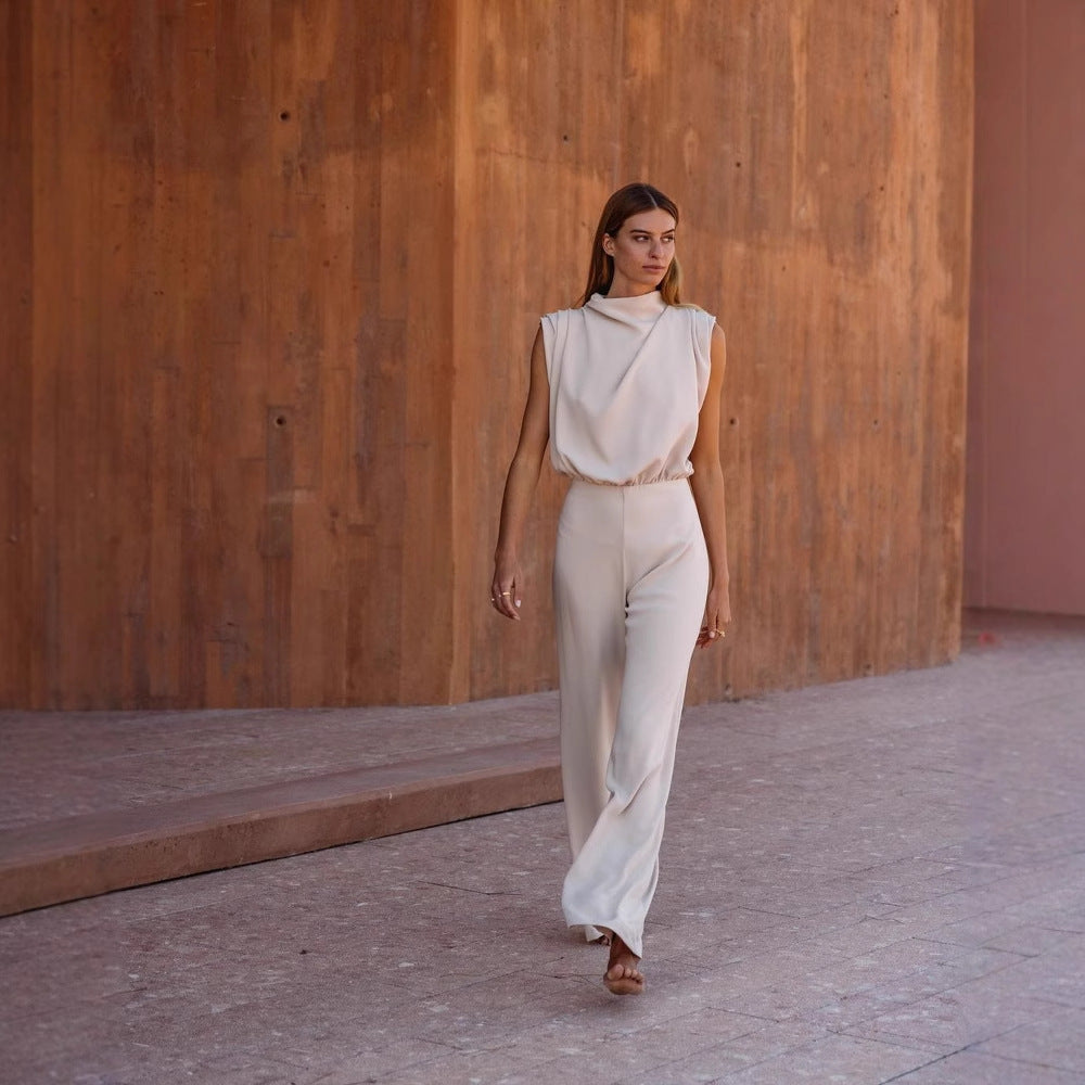 Dame Elegant Jumpsuit med høje ben og smart stålkrave Stilla