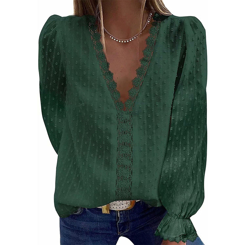 Dame Elegant Bluse med Spidsdetaljer og Pufærmer Stilla