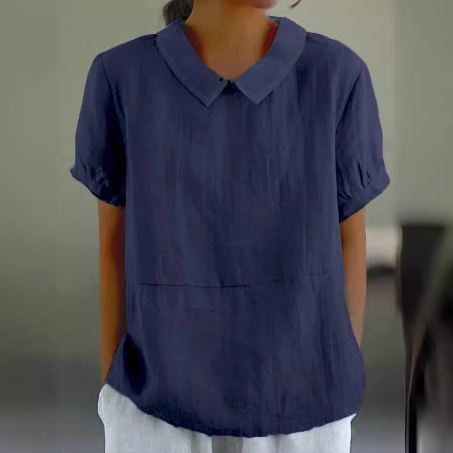 Dame afslappet hørbluse med klassisk krave og halvlange ærmer Stilla