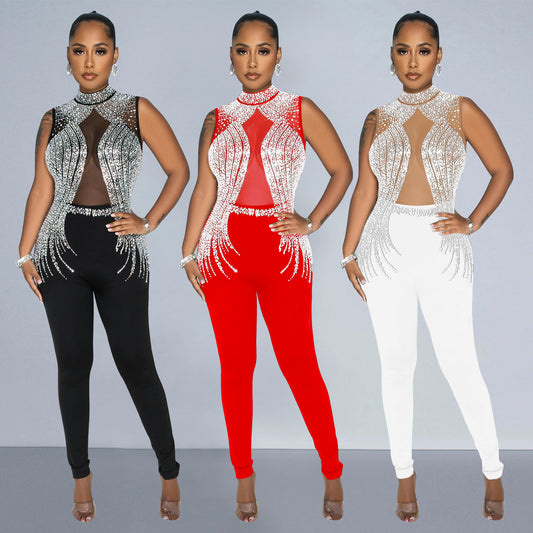 Dame elegant Bodycon jumpsuit med transparente indsatser og strass dekorerede detaljer Stilla