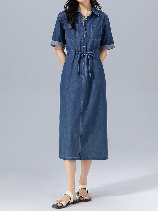Dame Denim-skjortekjole med tætsiddende snit og praktiske lommer Stilla