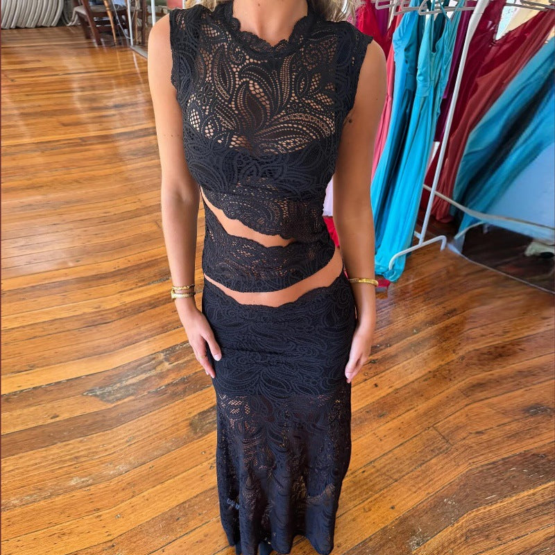 Dame Elegant aftenkjole med spidsdetaljer Stilla