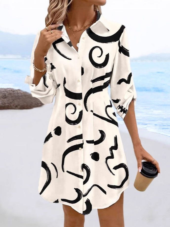 Dame Abstrakt Print Knap-Op Skjorte Kjole Stilla
