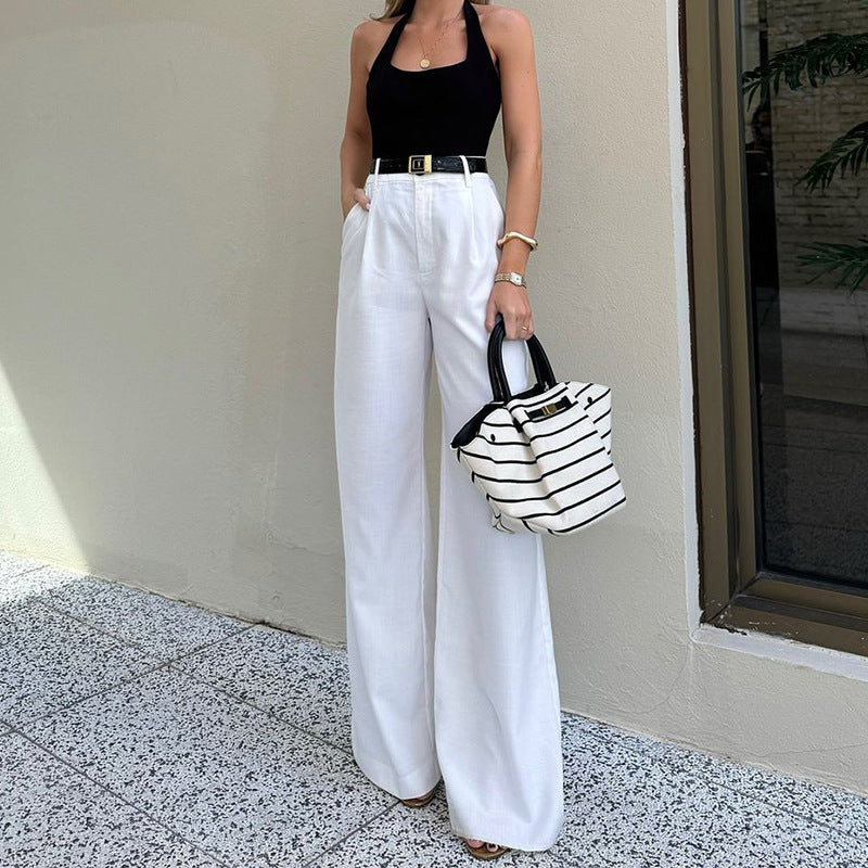 Dame Elegant Høj Talje Stofbukser med Vid Ben Stilla