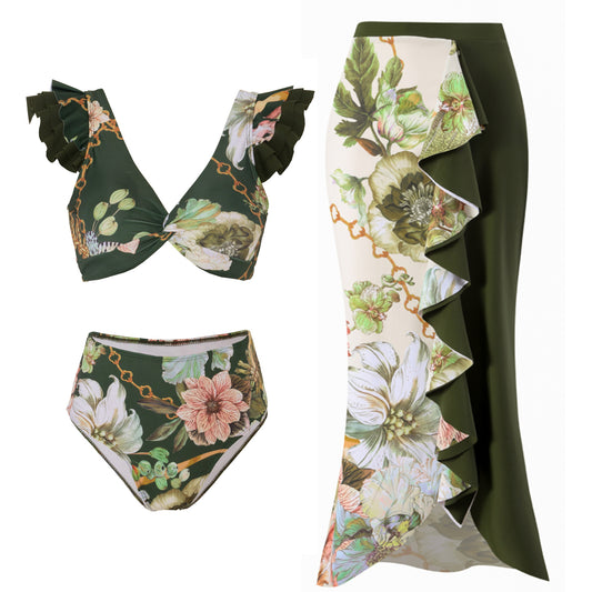 Dame bikini-sæt med elegant volang-overdel og trykt maxi-nederdel Stilla