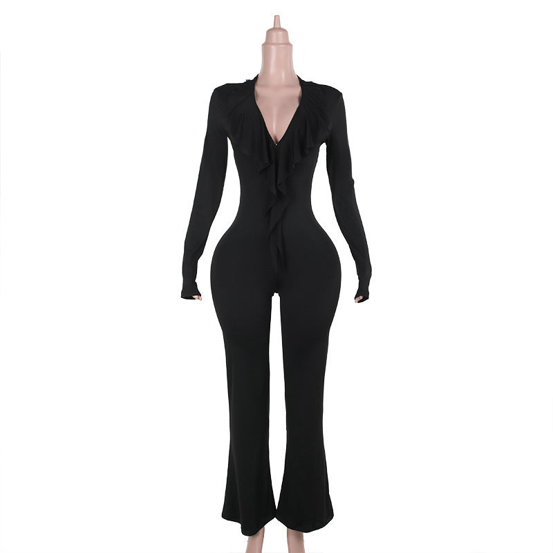 Dame Jumpsuit med dyb V-hals og bredt skårede ben Stilla