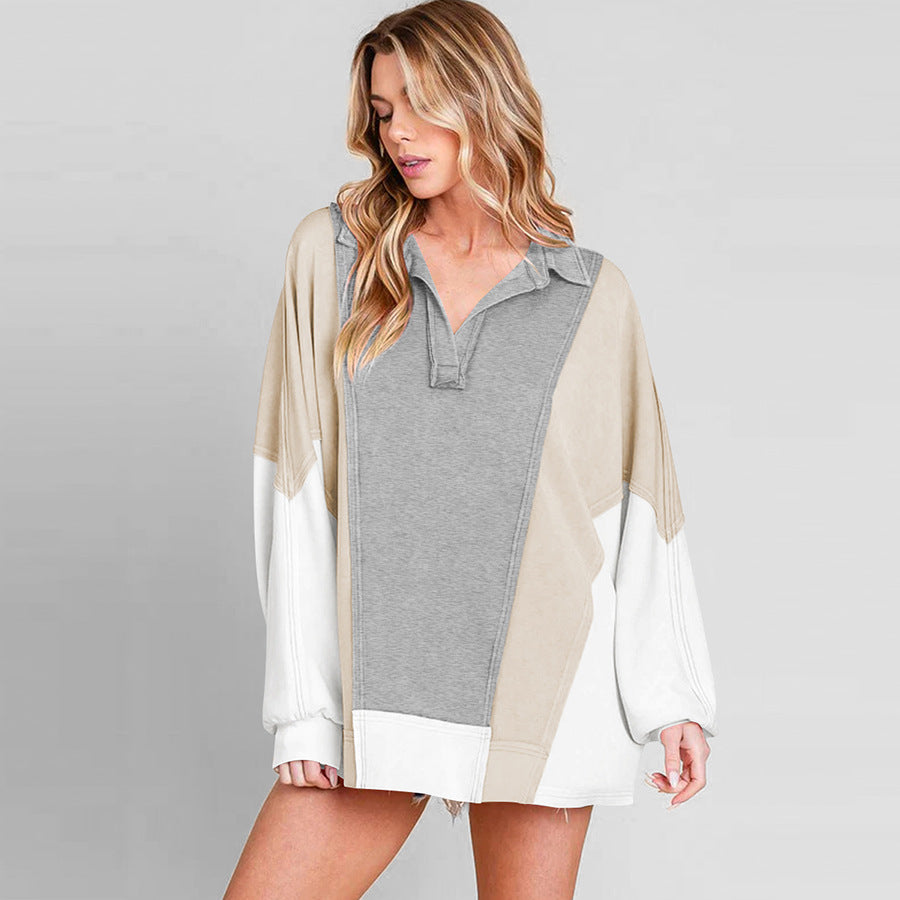 Dame afslappet oversized Sweatshirt med lynlås og farverigt patchwork-design Stilla