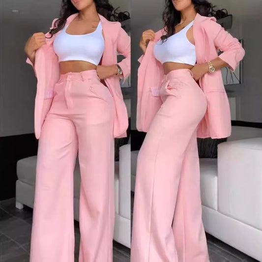 Dame afslappet blazer sæt med brede bukser og figursyet top Stilla