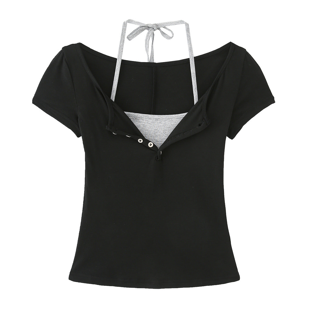 Dame Cropped T-shirt med justerbare spaghetti-stropper og knapdetaljering Stilla