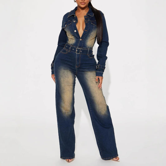 Dame Denim Jumpsuit med figursyet silhuet og særlige vaskeeffekter Stilla