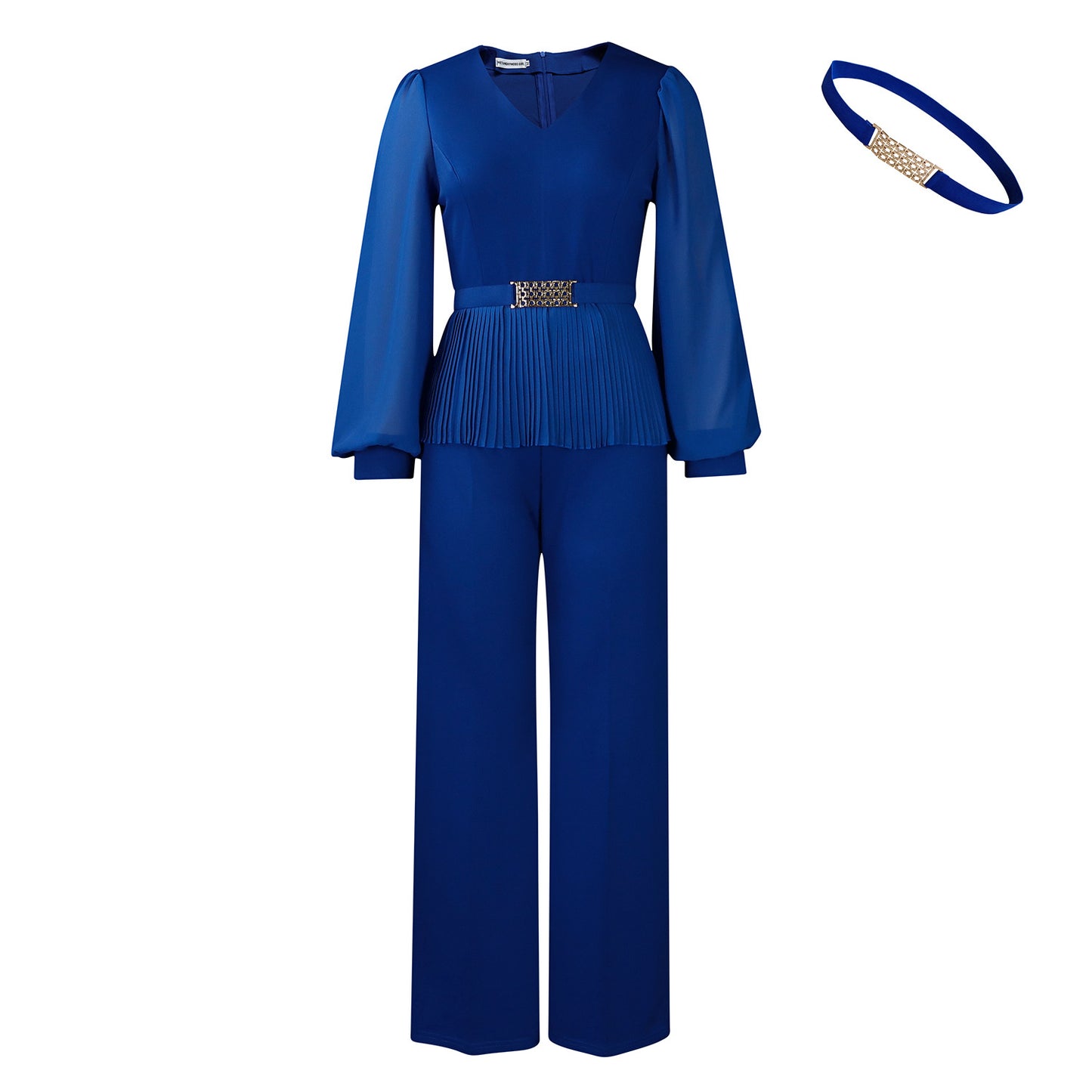 Dame elegant Plissé-jumpsuit med voluminøse ærmer og taljebælte Stilla