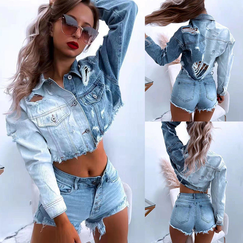 Dame Cropped Denimjakke med frynsede detaljer og trendy Destroyed-look Stilla