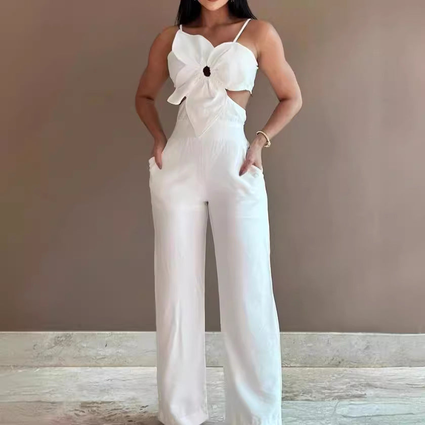 Dame jumpsuit med floral cut-out og brede ben Stilla