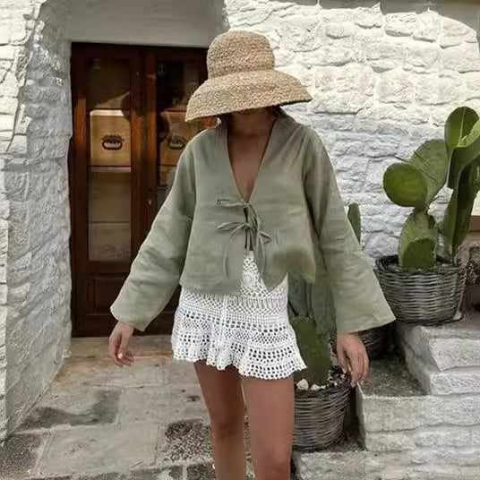 Dame afslappet linnedjakke med knudeåbning Stilla