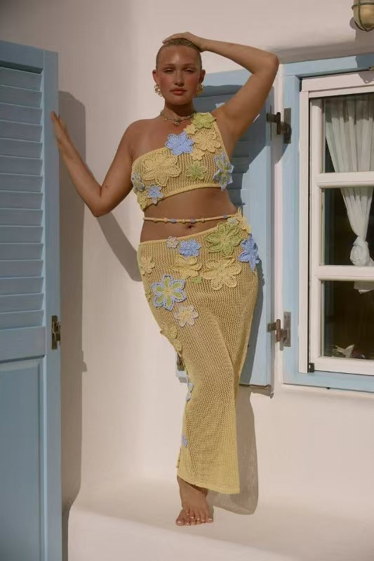 Dame Crop-Top og Maxiskirts sæt med florale hækleapplikationer Stilla