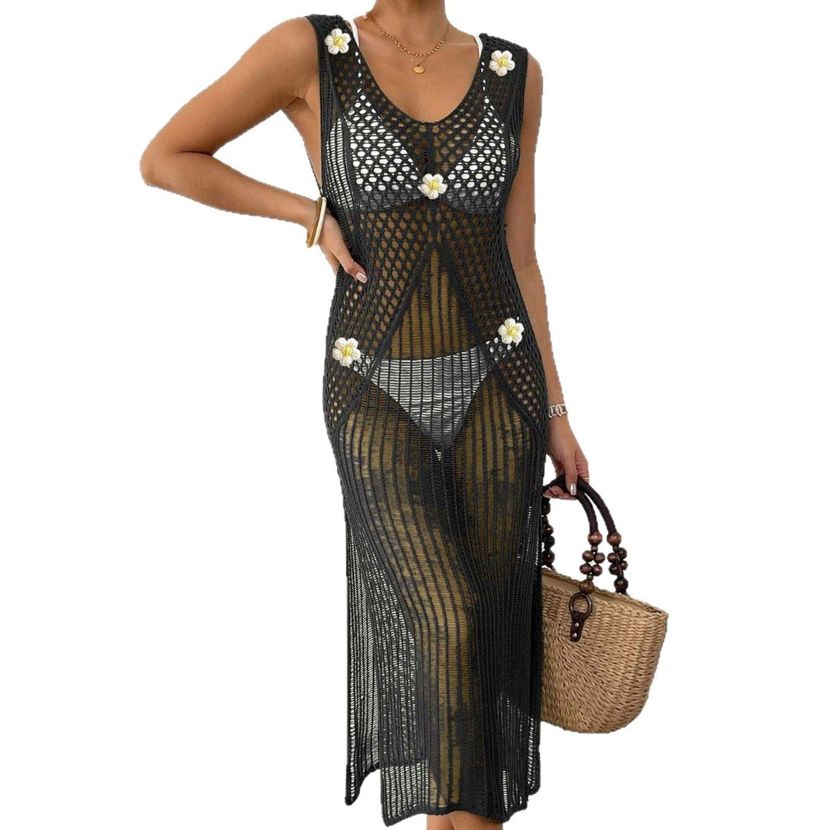 Dame afslappet net strandovertræk med blomsteraccenter og åben design Stilla