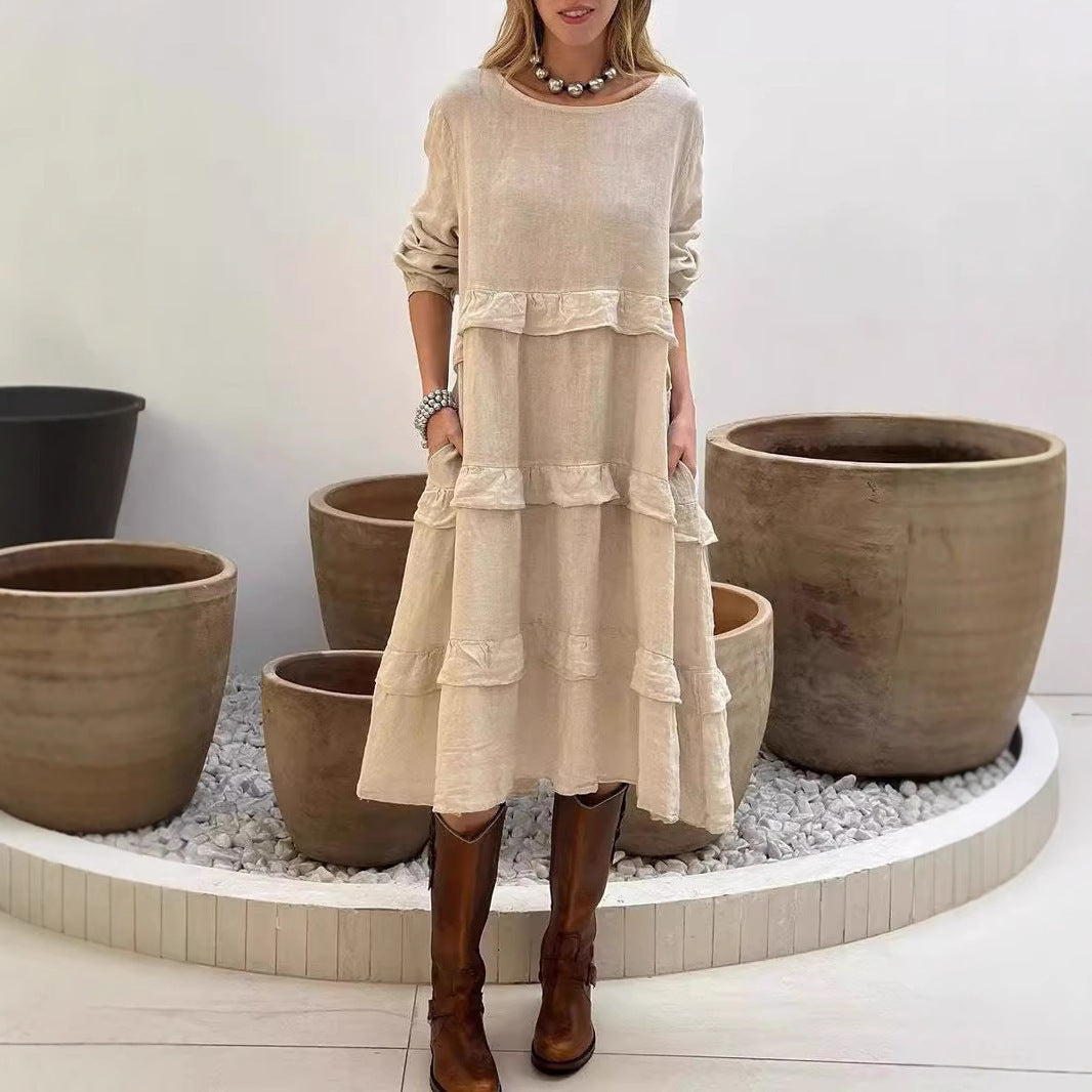 Dame afslappet maxikjole med flæse detaljer og lange ærmer Stilla