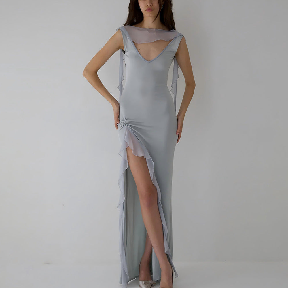 Dame Elegant aftenkjole med transparente flæser og forførende V-udskæring Stilla