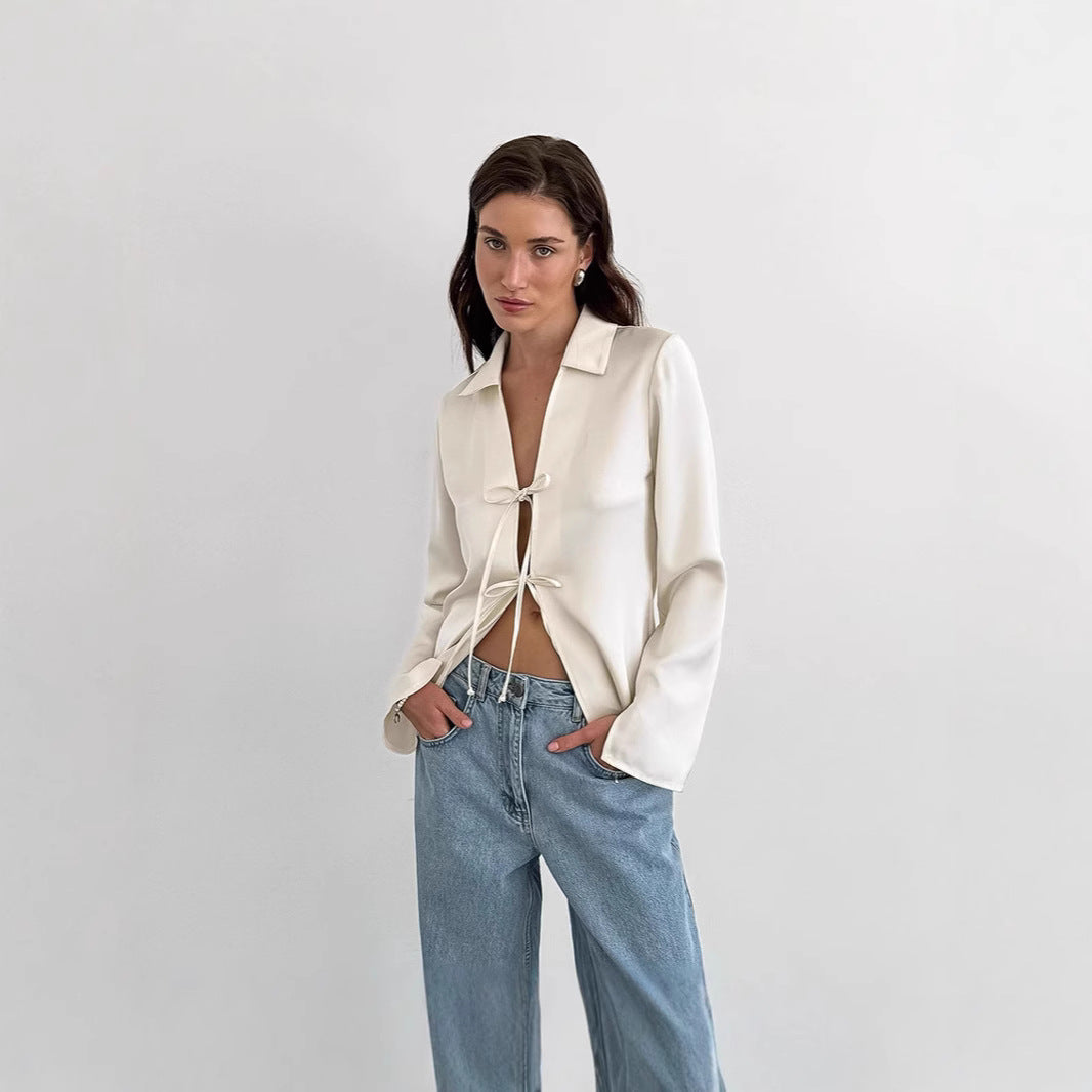 Dame Elegant Blusekjole med Snøring og Langt Ærme Stilla