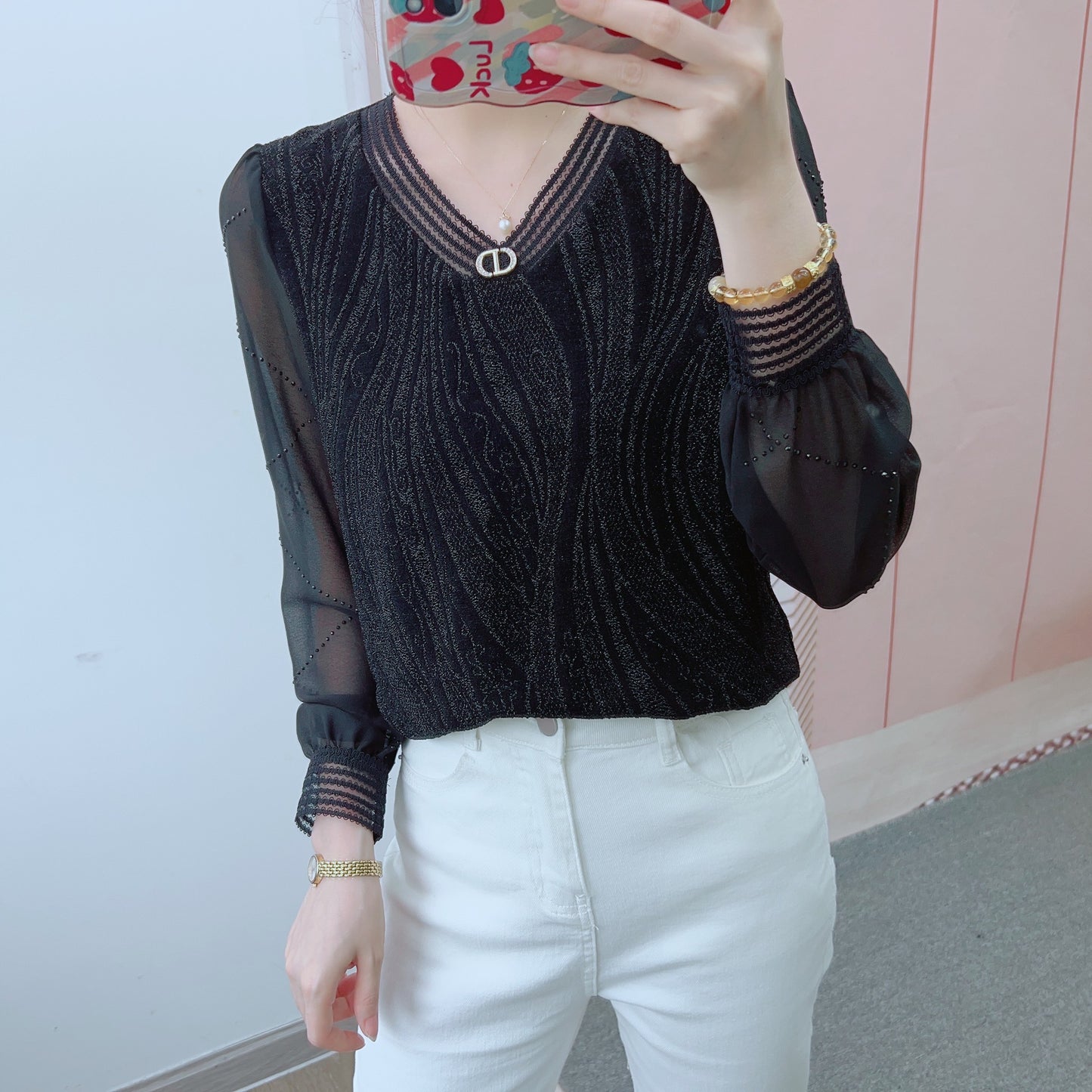 Dame Elegant Bluse med gennemsigtige pufærmer og kunstnerisk glitrende design Stilla