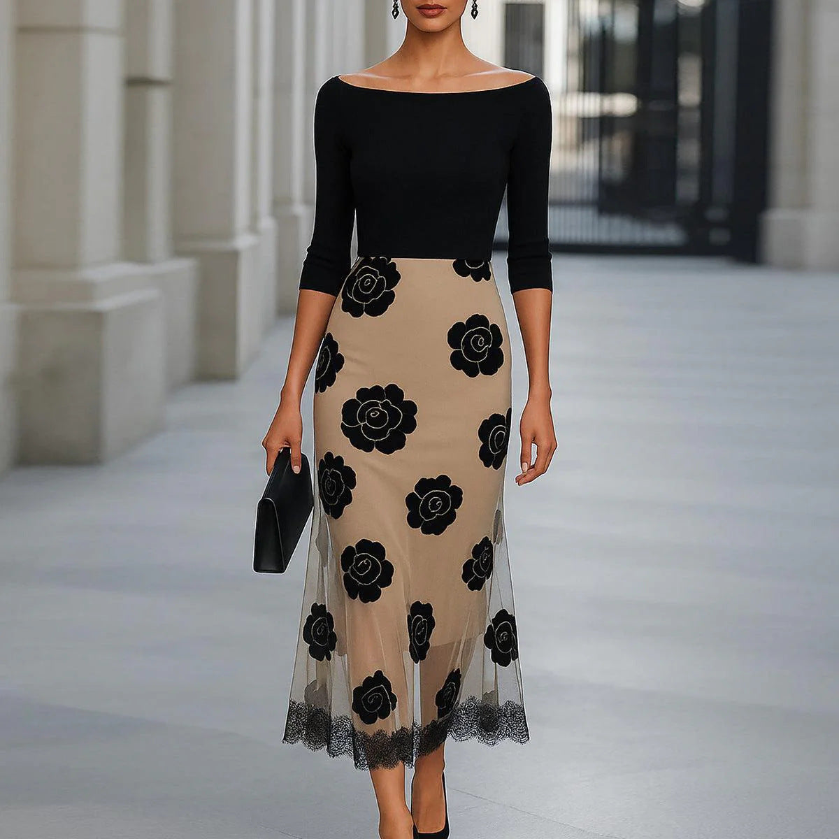 Dame Elegant Floral A-Linie Midi Kjole Stilla