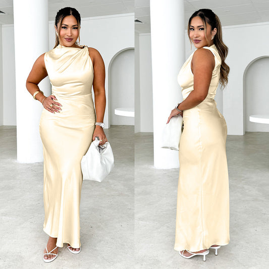 Dame Elegant Bodycon-maxikjole med asymmetrisk udskæring og satinlignende finish Stilla