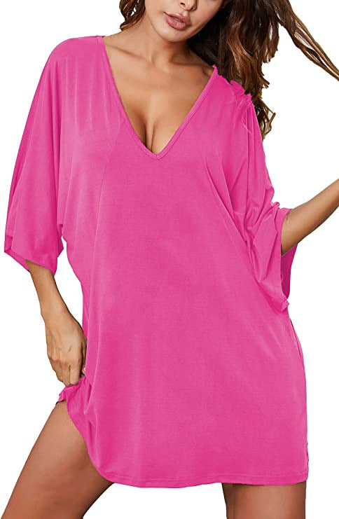 Dame afslappet strandkjole med dyb V-hals og vidt skårede ærmer Stilla