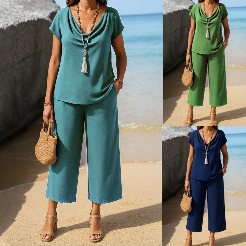 Dame afslappet overdel og brede bukser i sæt Stilla