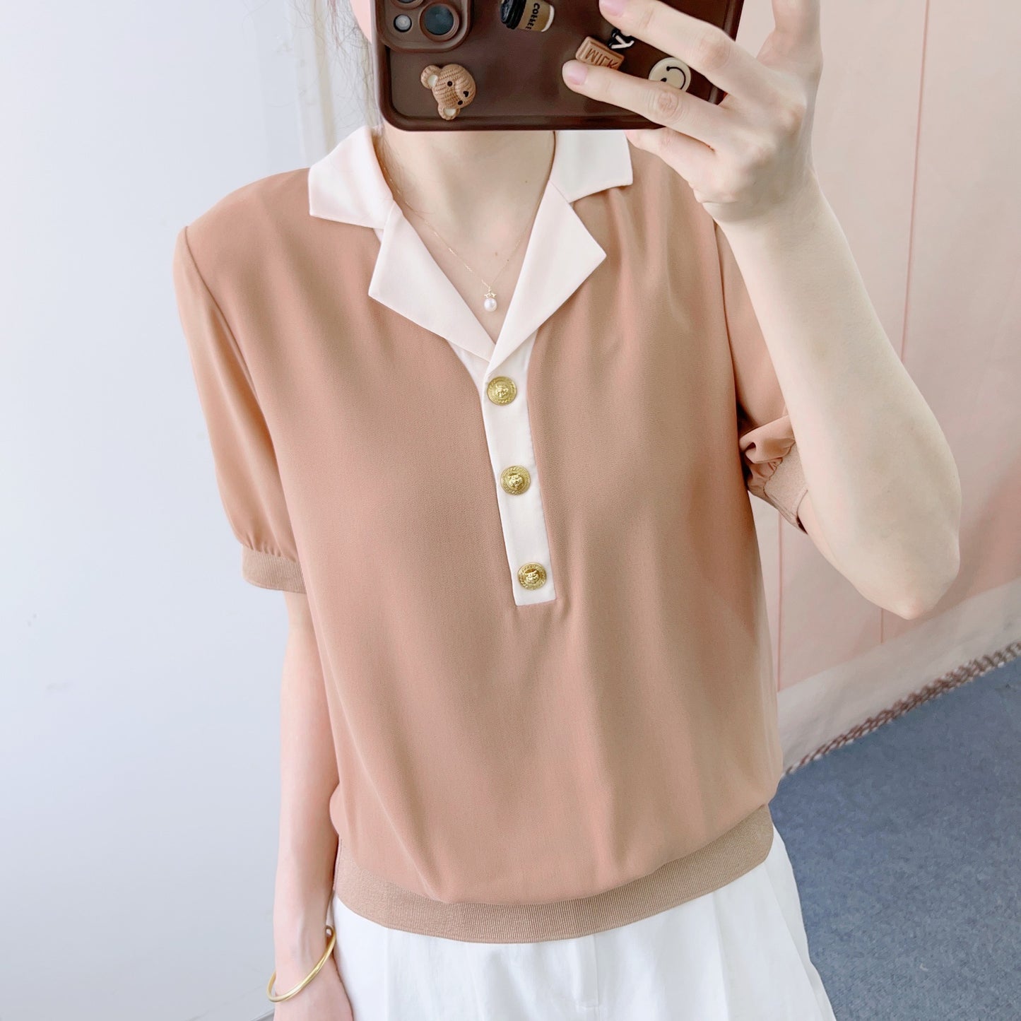 Dame Elegant Bluse med dekorative Knapper og iøjnefaldende Krave Stilla