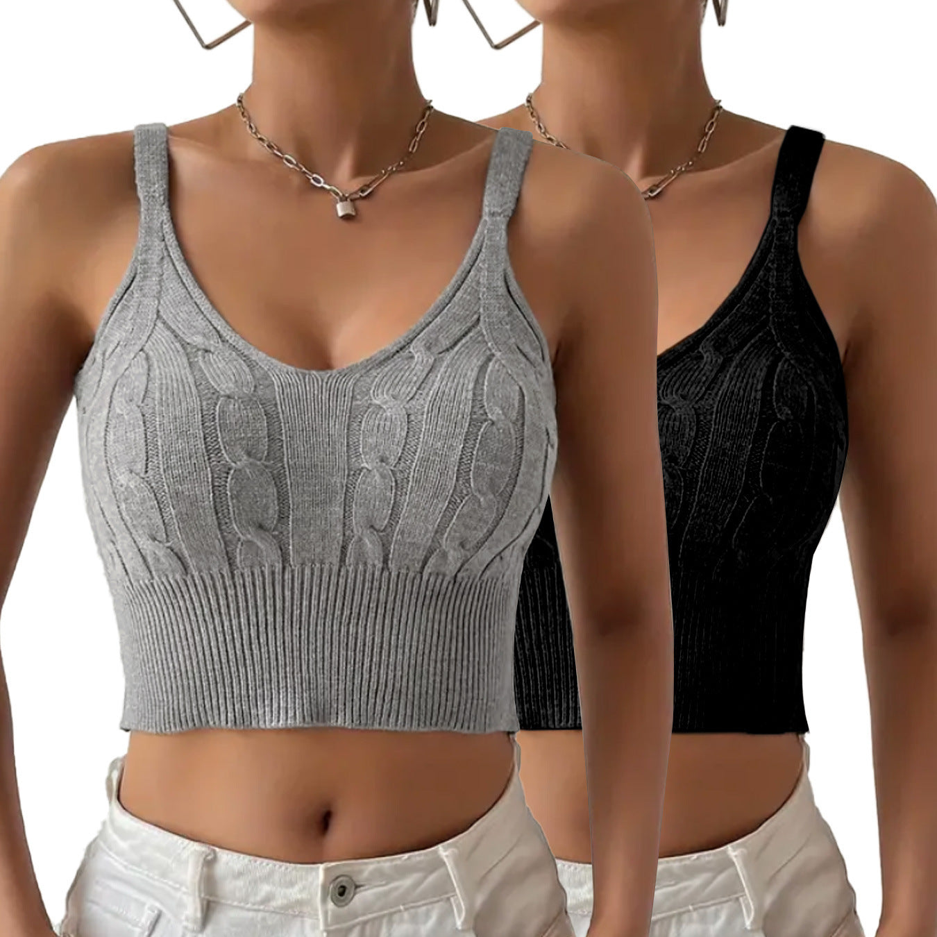 Dame cropped striktop med dyb V-hals og fletmønster Stilla