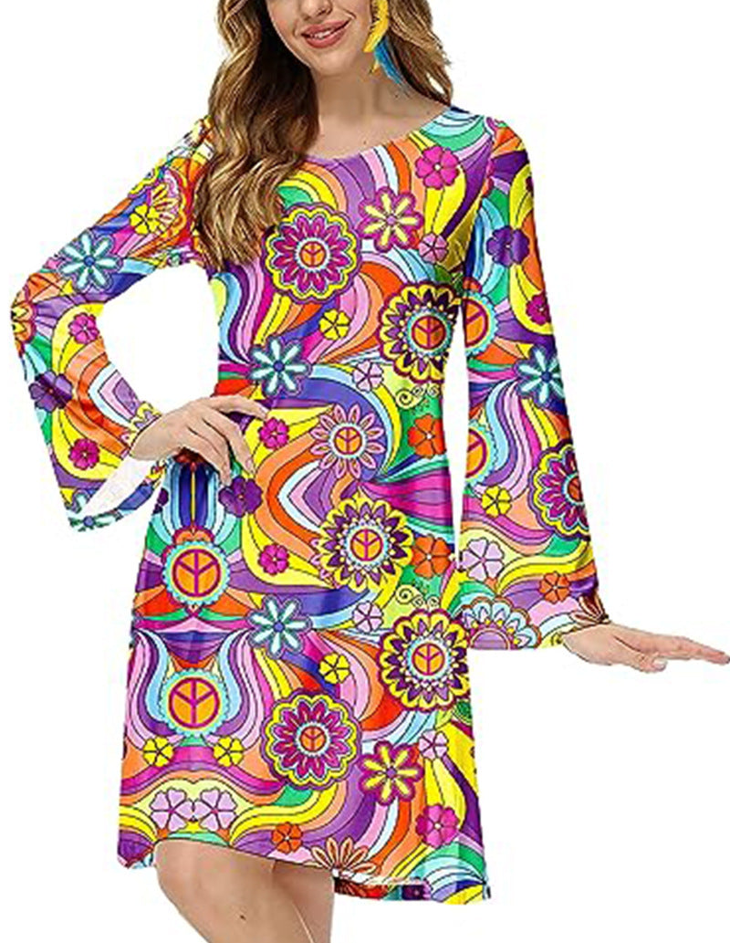Dame afslappet Boho-kjole med bellende ærmer og farverigt blomsterprint Stiila