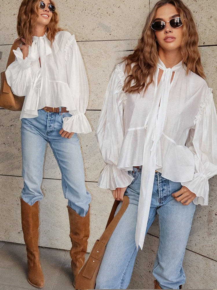 Dame afslappet bluse med smart bindebånd og rynkedetaljer Stilla