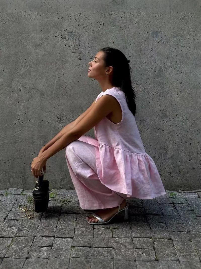 Dame afslappet linned sæt med ærmeløs overdel og bred bukseklip Stiila