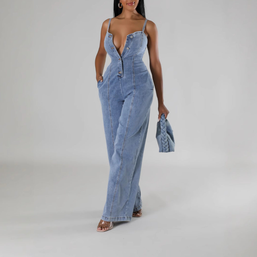 Dame Denim Jumpsuit med knapstol Stilla