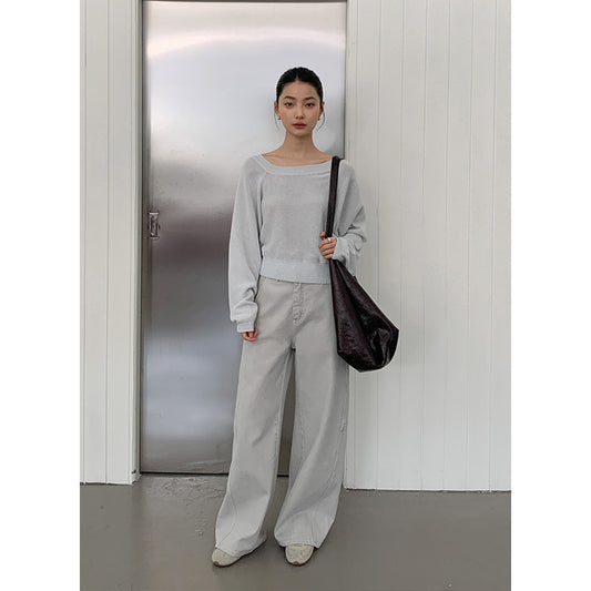 Dame cropped striktrøje med bred rund halsudskæring og balloning ærmer Stilla