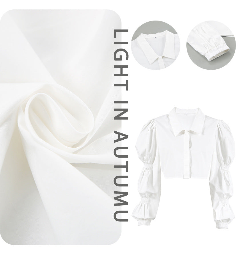 Dame Cropped Bluse med brede Pufferærmer og moderne Krave Stilla