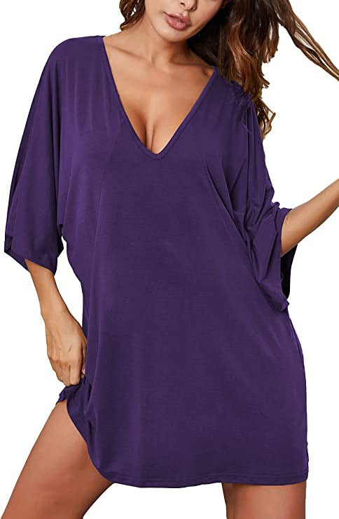 Dame afslappet strandkjole med dyb V-hals og vidt skårede ærmer Stilla