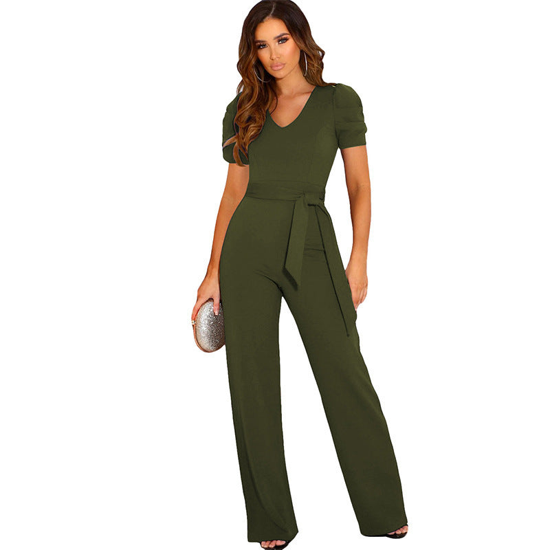 Dame Elegant Jumpsuit med taljerbar skæring og korte puffærmer Stilla
