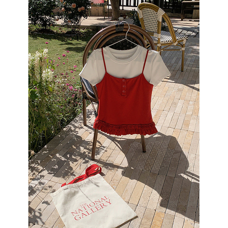 Dame afslappet lag-top med flæsekant og kortærmet nederdel Stilla